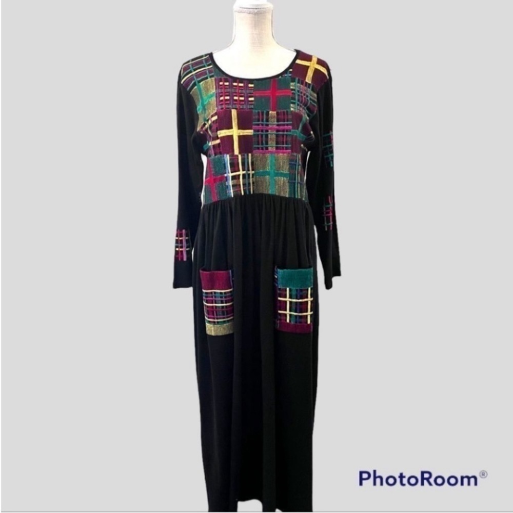 Michael Simon Lite vintage artsy prairie patchwork embroidery pockets maxi dress